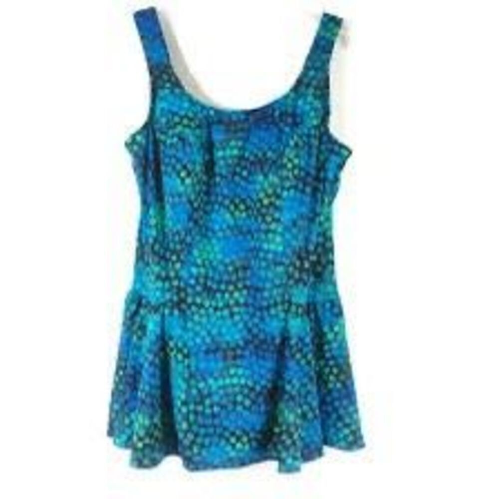 Maxine Women's Sized 12 One Piece Swimsuit Dress Blue Abstract Dot Psychedelic
